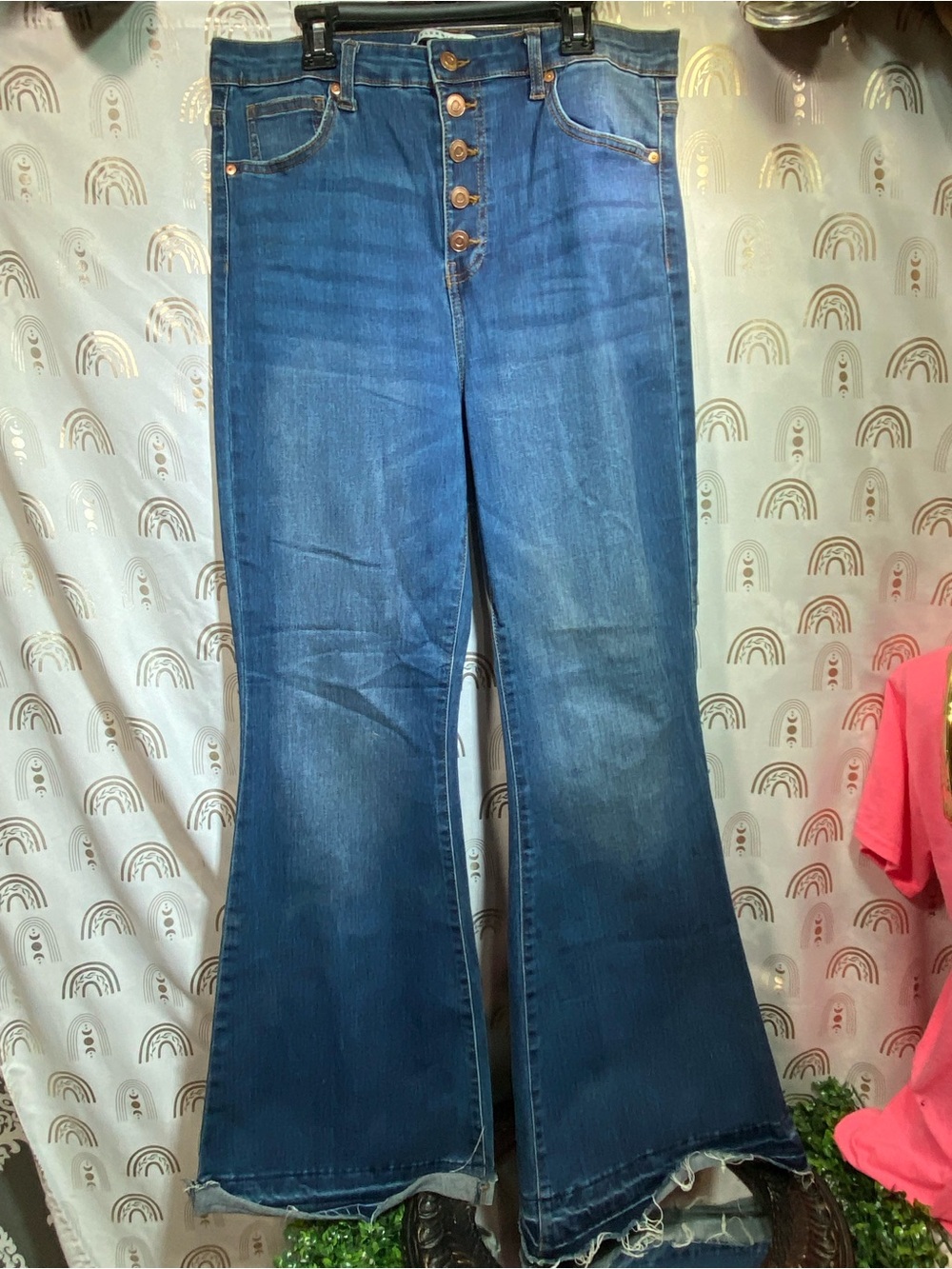 Celebrity Pink Button-Fly Flare Jeans in Medium Blue